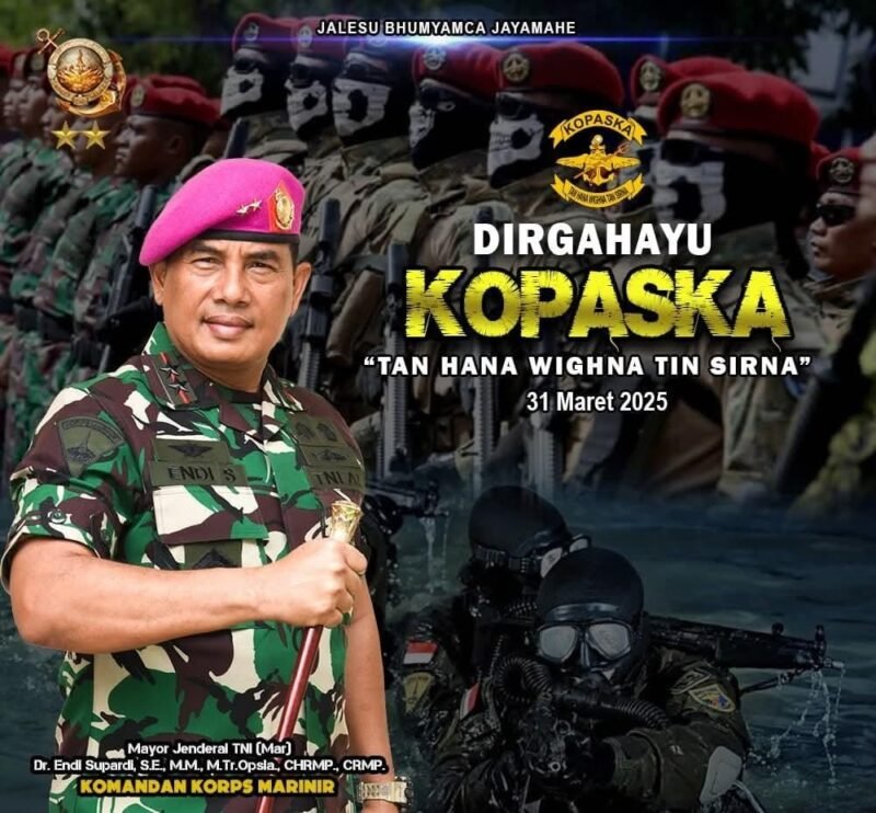 Komandan Korps Marinir Mayjen TNI (Mar) Dr. Endi Supardi, S.E., M.M., M.Tr.Opsla., CHRMP., CRMP. beserta seluruh Prajurit Korps Marinir, Mengucapkan : Dirgahayu Kopaska TNI AL