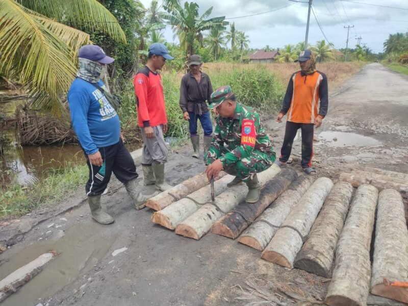Peduli Keselamatan Warga, Babinsa Jelu Air Gotong Royong Perbaiki Jembatan Rusak