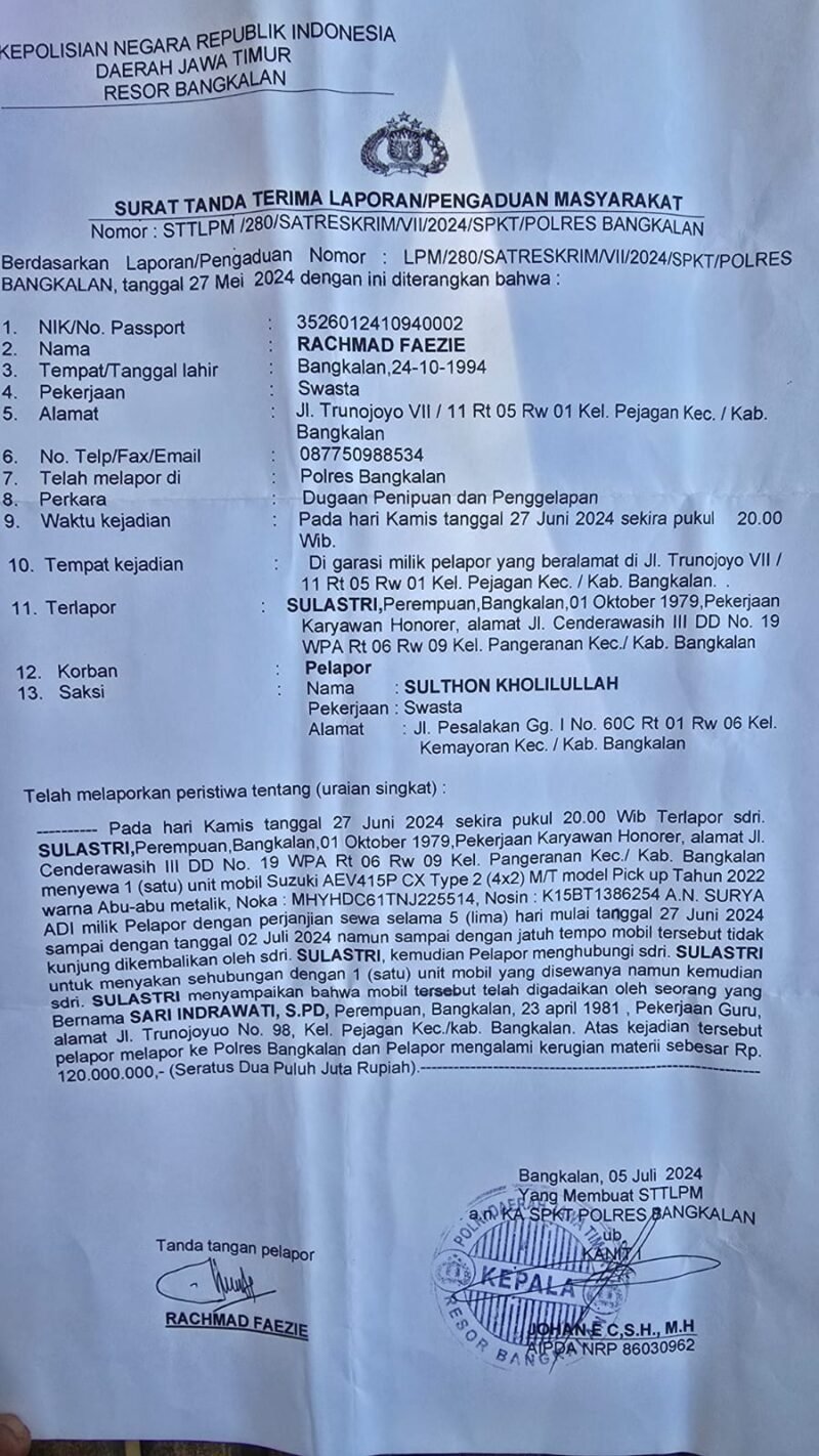 Lambanya Polres Bangkalan, Nangani Kasu Modus Penggelapan Mobil Oknum Penjabat Terset Hukum