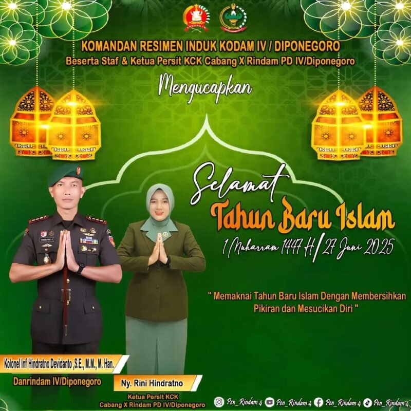 Danrindam IV/Diponegoro
beserta keluarga besar Rindam IV/Diponegoro mengucapkan, Selamat Tahun Baru Islam 1447 H/27 Juni 2025 M