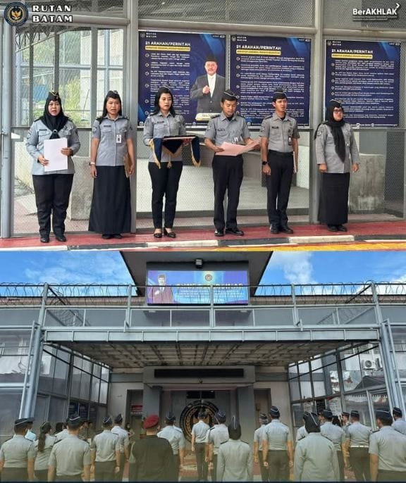 Karutan Batam Pimpin Apel Pagi yang Dirangkaikan Penyematan Tanda Kenaikan Pangkat Tiga Orang Pegawai.
