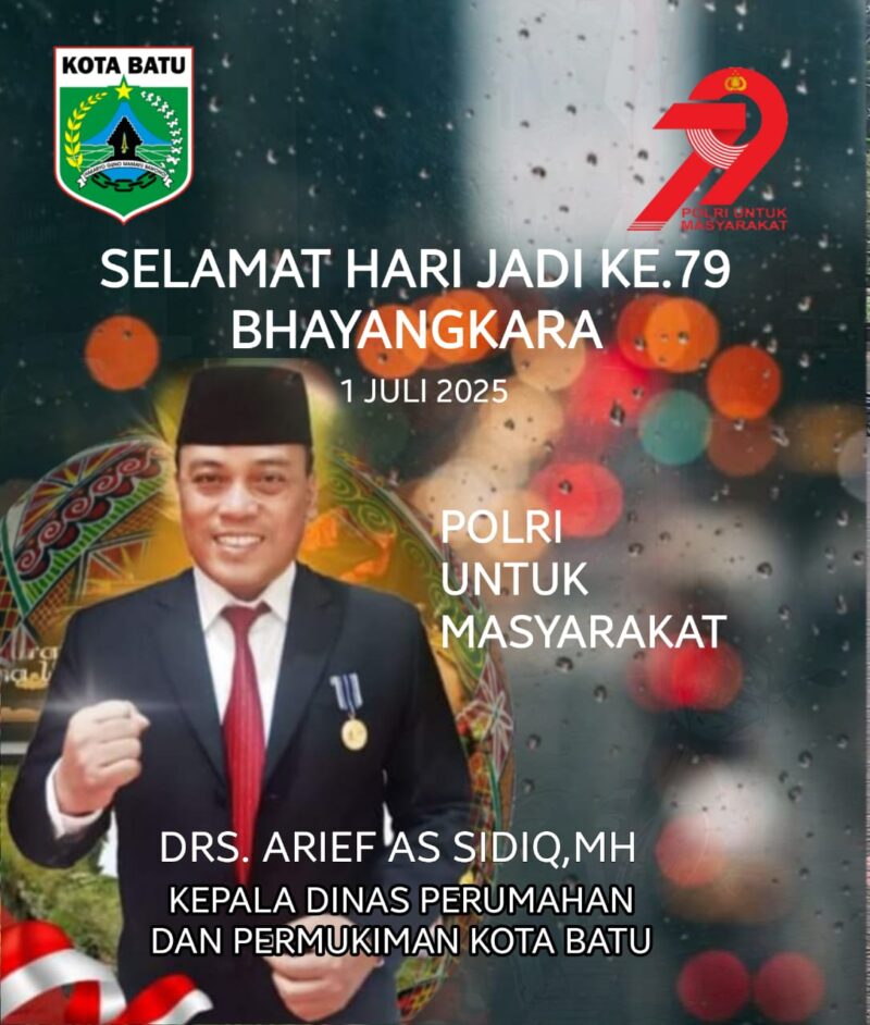 Pemerintah Kota Batu, Dinas Perumahan dan Permukiman .Mengucapkan Selamat HUT Bhayangkara Ke - 79 - 2025. Polri Untuk Masyarakat