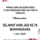 Pimpinan Cabang Segenap Pekerja, PT. Bank Pembangunan Daerah Jawa Timur Tbk Cabang Kota Batu. Mengucapkan Selamat HUT Bhayangkara Ke -79 - 2025. Polri Untuk Masyarakat