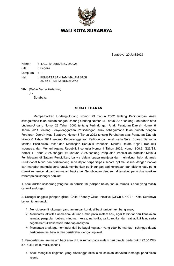 Pembatasan Jam Malam Bagi Anak-anak di Bawa Umur Surat Edaran Wali Kota Surabaya