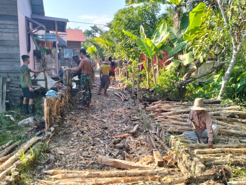 Satgas TMMD ke-125 Kodim 1007/Banjarmasin Bersama Warga Lanjutkan Pemasangan Galam untuk Jalan Utama di Mantuil