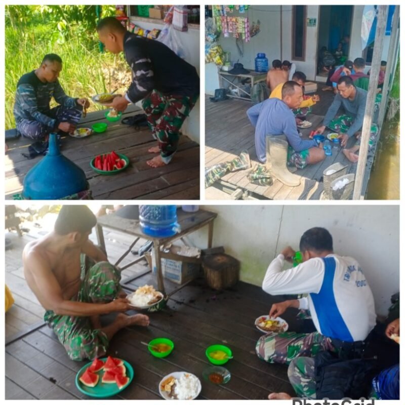 Penuh Kebersamaan, Anggota Satgas TMMD ke-125 Kodim 1007/Banjarmasin Makan Siang Bersama Warga