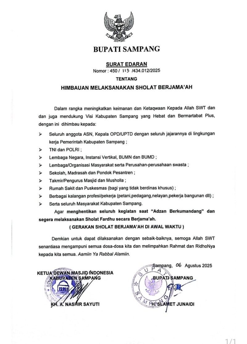 Surat Edaran Bupati Sampang: Hentikan Aktivitas Saat Adzan, Ajak Masyarakat Sholat Berjamaah di Awal Waktu