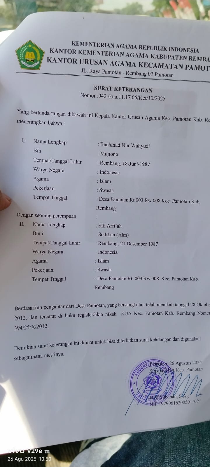 Surat Kehilangan Buku Nikah Rachmad Nur Wahyudi Rembang