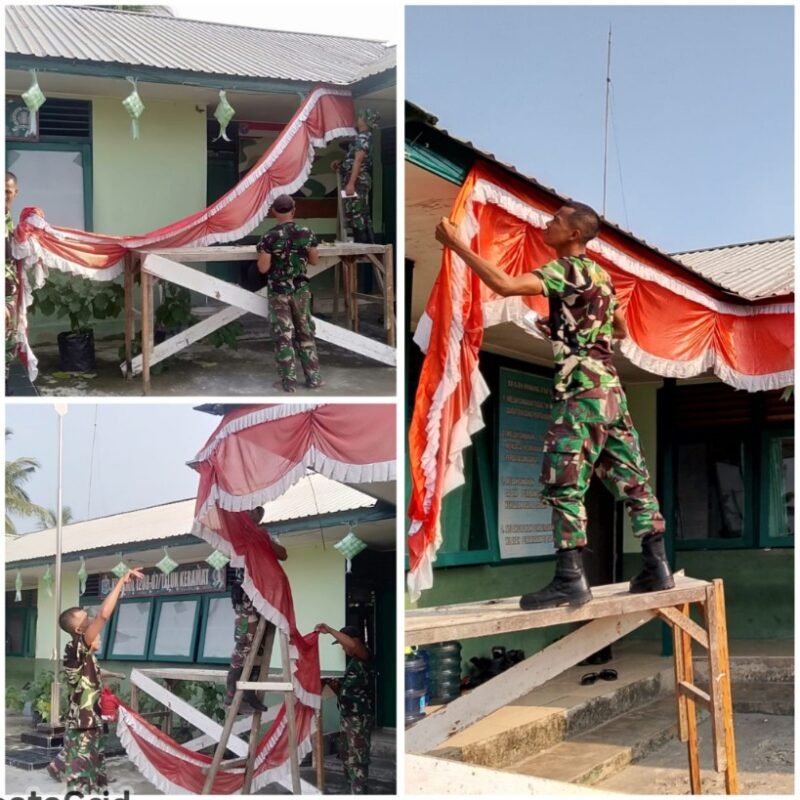 Sambut HUT Republik Indonesia Ke-80 Anggota Koramil 07/Teluk Keramat Pasang Bendera Merah Putih Dan Umbul- Umbul Di Makoramil