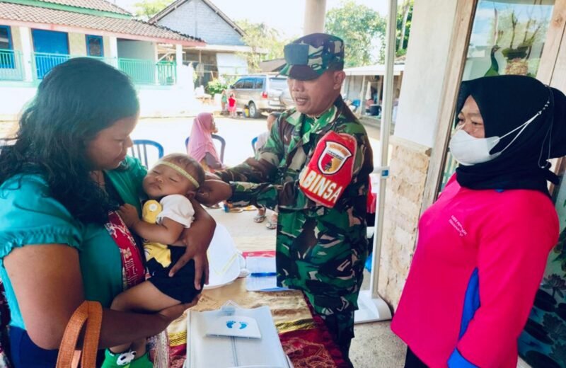 Foto: Babinsa Desa Panggungasri Koramil 0808/18 Panggungrejo Serda Avan Yudha melaksanakan pendampingan kegiatan Posyandu, bib gila/TargetNews.id