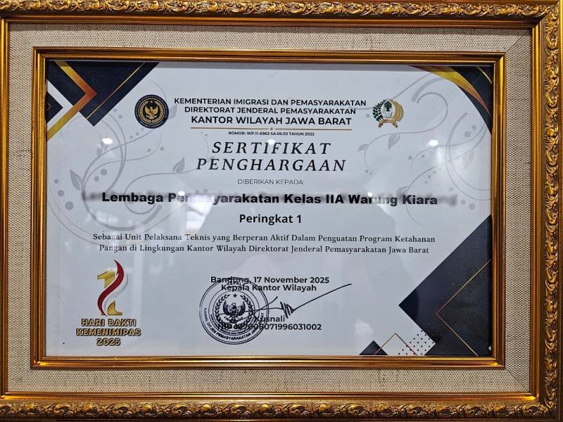 Foto: Kalapas Warungkiara Terima Penghargaan Predikat 1 untuk Penguatan Ketahanan Pangan
