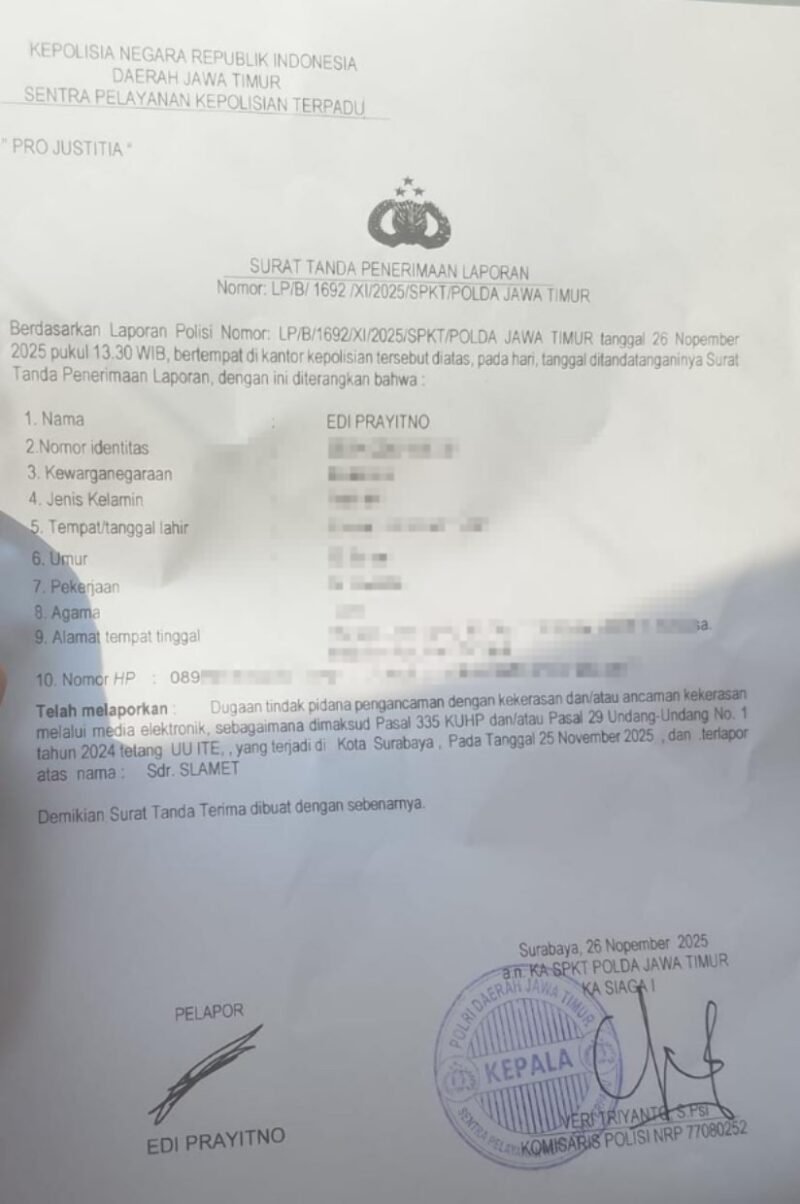 TargetNews.ID/Foto/Laporan tersebut tercatat dengan nomor LP/B/1692/XI/2025/SPKT/POLDA JAWA TIMUR.
