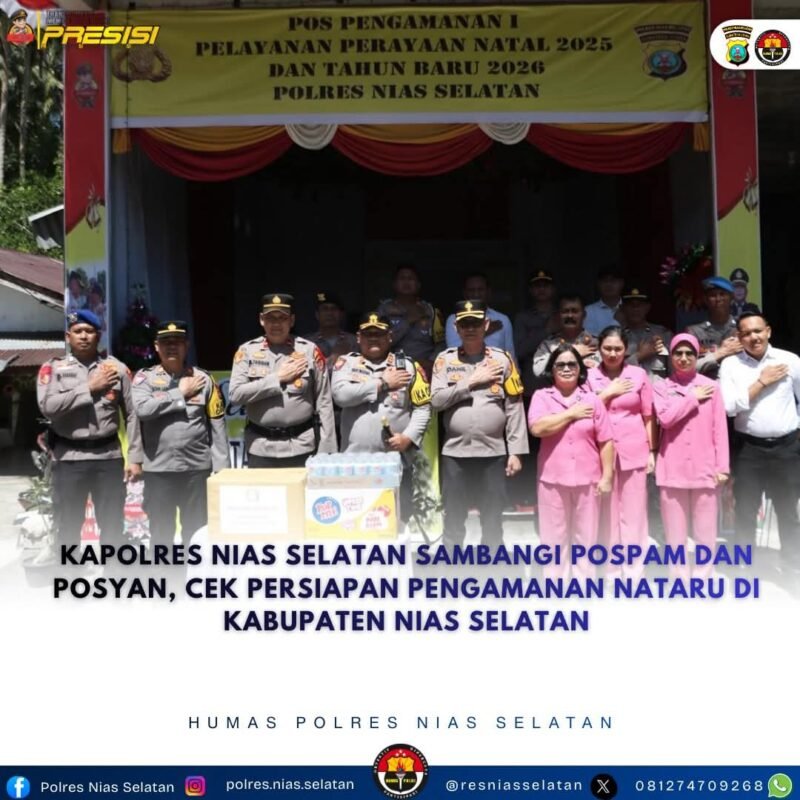 Foto: Kapolres Nias Selatan AKBP Ferry Mulyana Sunarya, S.I.K., M.H bersama Wakapolres Kompol Mahyu Danil Noor, S.Si Serta Seluruh PJU Polres Nias Selatan dan Bhayangkari Cabang Nias Selatan melakukan kunjungan ke sejumlah pos pengamanan dan pelayanan, Senin (22/12/2025).