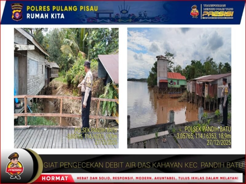 Personil Polsek Pandih Batu Melaksanakan Pengecekan Debit Air di sungai Kahayan Guna mengantisipasi apabila terjadinya Bencana Banjir di wilkum Polsek Pandih Batu