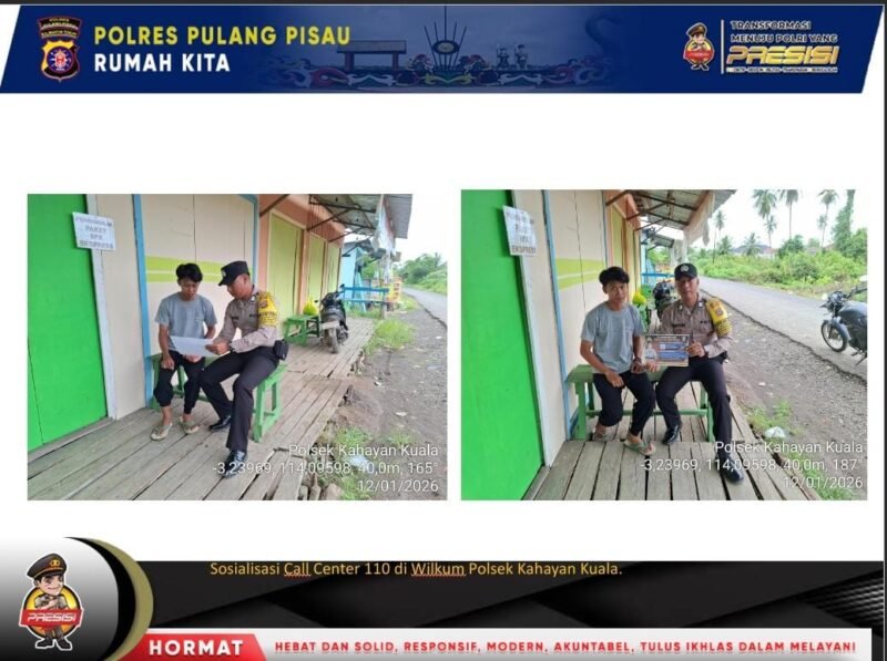 Personel Polsek Kahayan Kuala mensosialisasikan layanan aduan Calcenter 110 guna meminimalisir angka kejahatan dan juga memudahkan masyarakat dalam penyampaian pengaduan