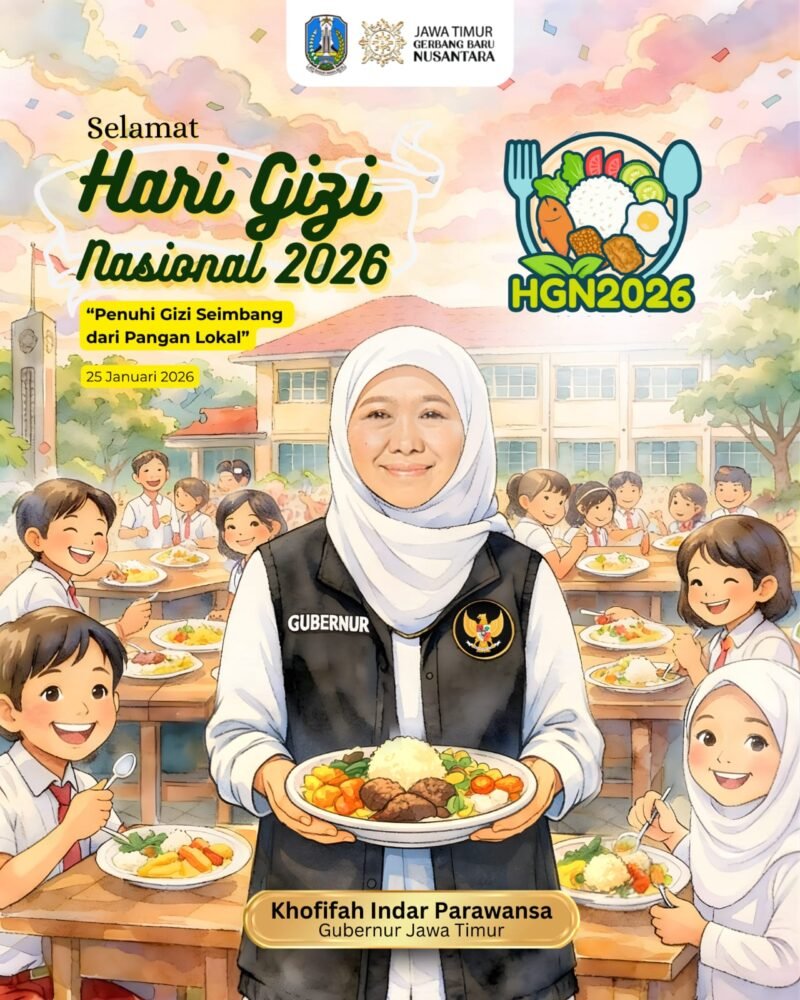 Gubernur Jawa Timur Khofifah Indar Parawansa menegaskan komitmen Pemerintah Provinsi Jawa Timur dalam memperkuat pembangunan gizi masyarakat pada peringatan Hari Gizi Nasional (HGN) Tahun 2026. Foto: Anil/TargetNews.ID