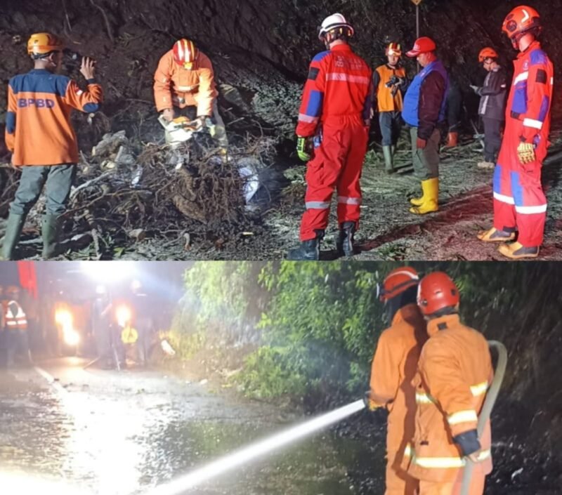 Foto ist: Petugas BPBD, TNI, Polri, Damkar, PUPR Batu,Tagana,Relawan dan Masyarakat.betsihkan longsoran tanah di Payung 3 Kota Batu.