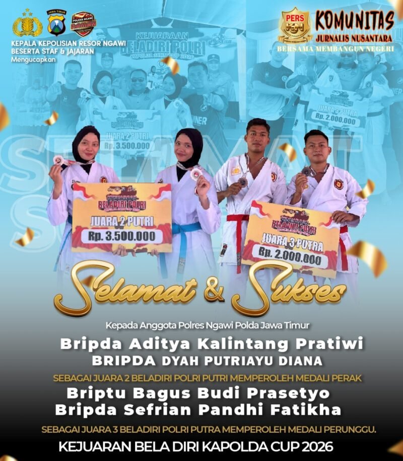 Foto: Personel Polres Ngawi Polda Jatim kembali menorehkan prestasi membanggakan dengan meraih dua medali dalam ajang Kejuaraan Beladiri Polri Kapolda Jatim Cup 2026 yang digelar di Lapangan Polda Jawa Timur pada 18–19 Juni 2026, dalam rangka memeriahkan Hari Bhayangkara ke-80.