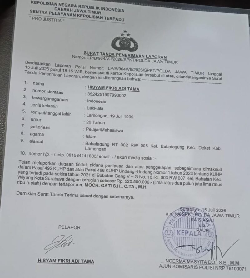 Foto: Oknum Pengacara di Laporkan ke Polda Jawa Timur, Diduga Tipu Gelap Masyarakat senilai 520 Juta