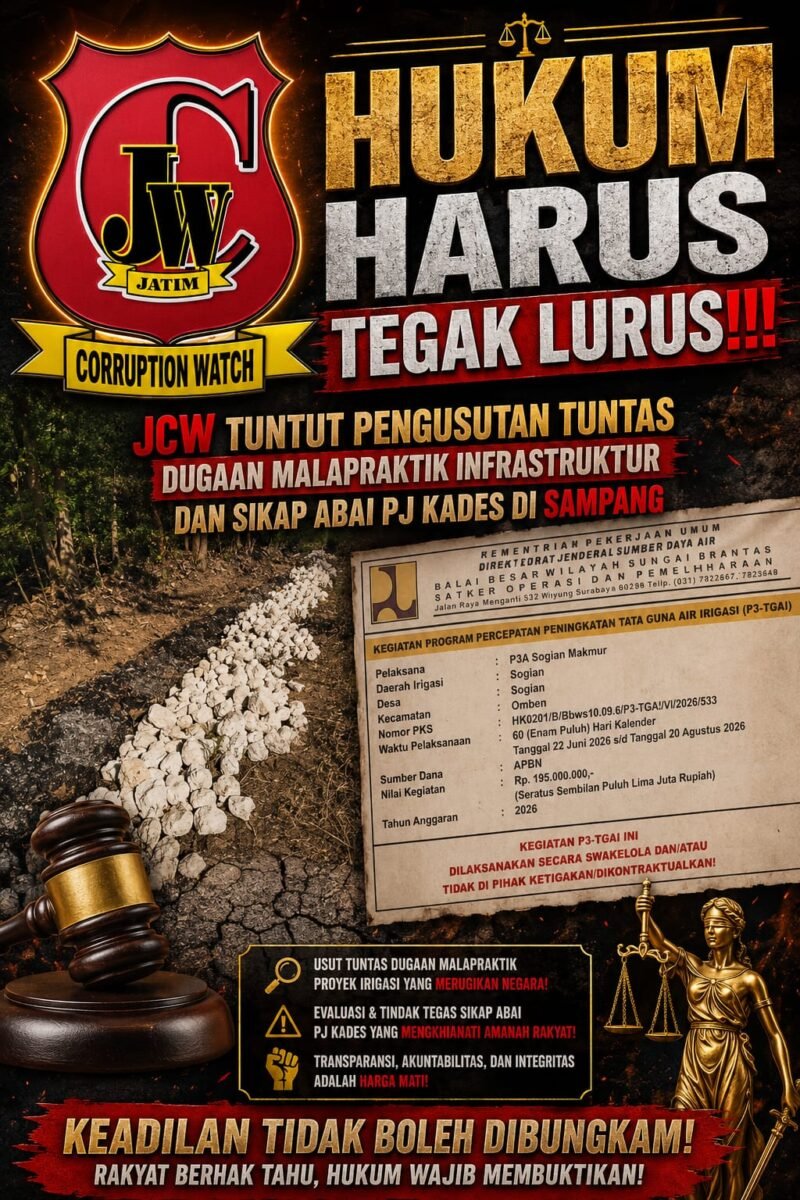 FOTO: PUBLIK dalam konteks hukum yakni sosok Agus Setiawan. SH, yang merupakan pentelon lembaga *Jatim Corruption Watch (JCW)* juga sekaku penasehat DPW mengatakan, Selasa (21/07/2026), Proyek irigasi P3-TGAI APBN 2026 senilai Rp195 juta di Desa Sogian, Sampang, yang dikerjakan tanpa galian pondasi dan diduga memanipulasi material, merupakan pelanggaran serius.