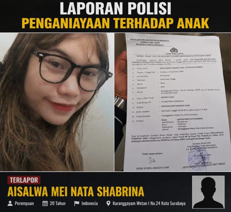 Foto: Seorang perempuan bernama Aisalwa Mei Nata Shabrina (20), warga Jalan Karanggayam Wetan I No. 24, Kelurahan Tambaksari, Kecamatan Tambaksari, Kota Surabaya, dilaporkan ke Polrestabes Surabaya