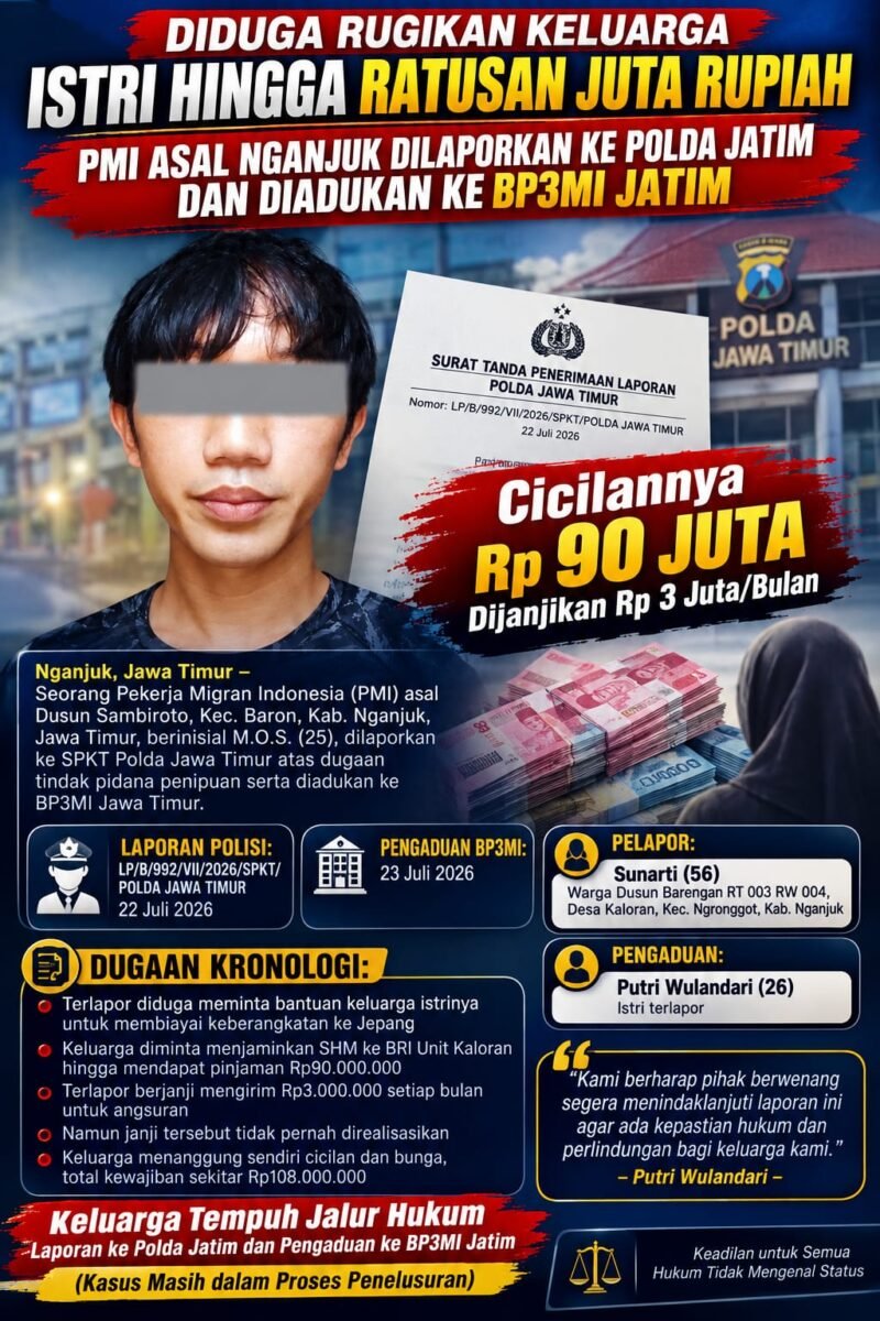 FOTO: VIRAL, Diduga Rugikan Keluarga Istri Ratusan Juta, PMI Asal Nganjuk Dilaporkan ke Polda Jatim BP3MI