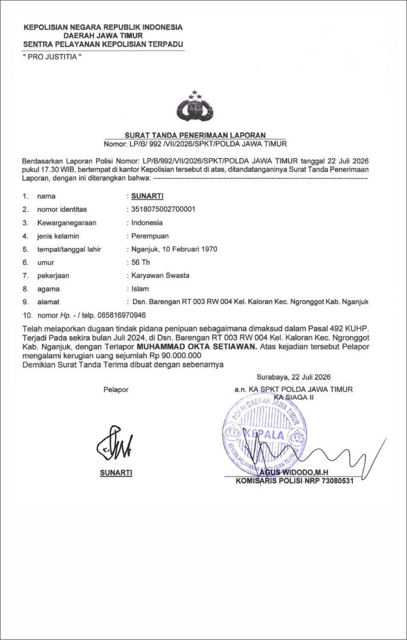 FOTO: Diduga Rugikan Keluarga Istri Hingga Ratusan Juta Rupiah, PMI Asal Nganjuk Dilaporkan ke Polda Jatim Diadukan ke BP3MI Jatim