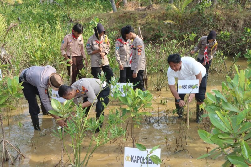Keterangan Foto: Kapolres Trenggalek AKBP Rizky Tri Putra Erryka Adi Wijaya bersama jajaran menanam mangrove dan melepasliarkan tukik di Kawasan Konservasi Pantai Taman Kili-Kili, Desa Wonocoyo, Kecamatan Panggul.