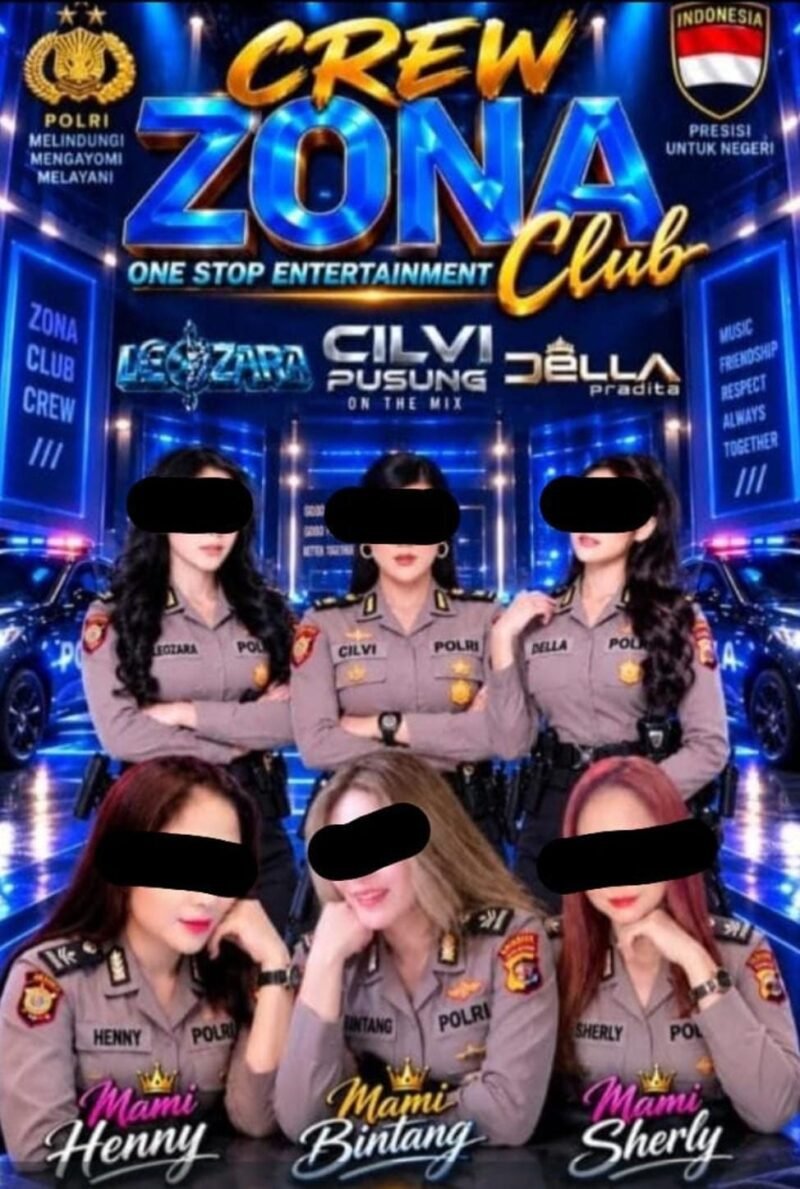 Foto: Pamflet promosi Zona Club yang menampilkan enam perempuan dengan pakaian menyerupai atribut atau seragam Polri. Penggunaan pakaian tersebut dalam materi promosi tempat hiburan malam menjadi sorotan dan dipertanyakan dasar penggunaannya TargetNews.ID/Istimewah