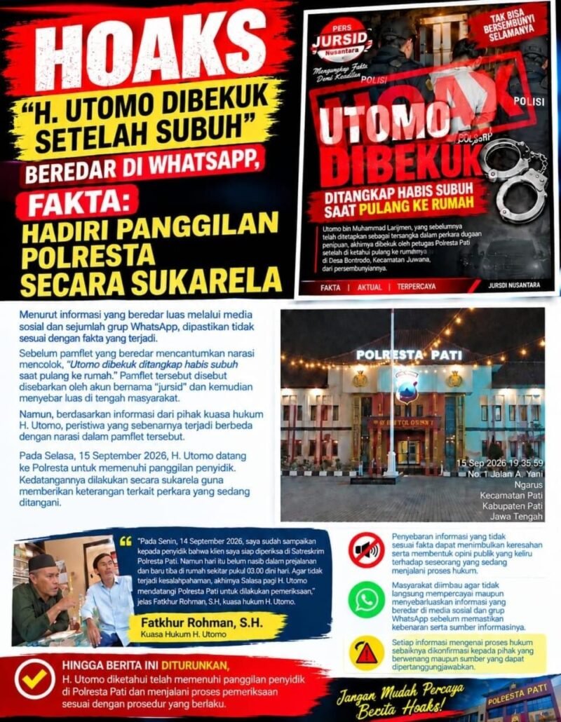 Hoaks “H.Utomo Dibekuk Setelah Subuh” Beredar di WhatsApp TARGETNEWS.ID/ISTIMEWAH/BIB