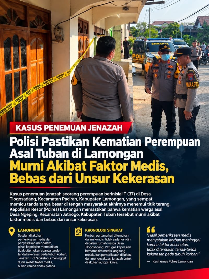 Petugas Polres Lamongan melakukan olah TKP setelah menerima laporan penemuan perempuan meninggal dunia di Desa Tlogosadang, Kecamatan Paciran. Hasil pemeriksaan medis memastikan tidak ditemukan tanda-tanda kekerasan pada tubuh korban.