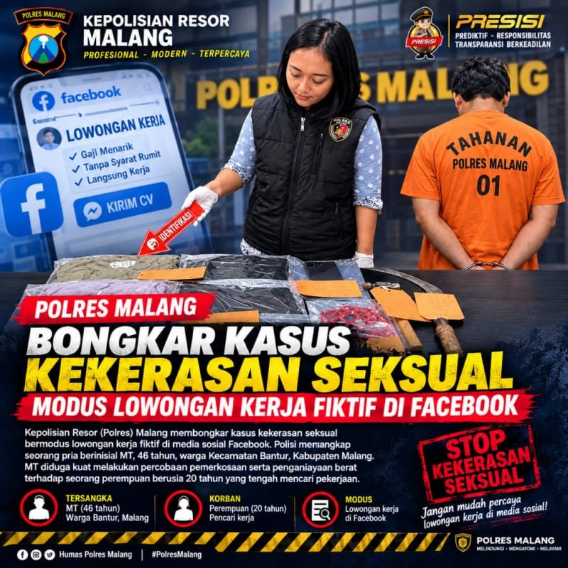 Foto:Polres Malang mengamankan sejumlah barang bukti dalam kasus dugaan kekerasan seksual bermodus lowongan kerja fiktif, termasuk celurit, palu, tali, dan pakaian korban.