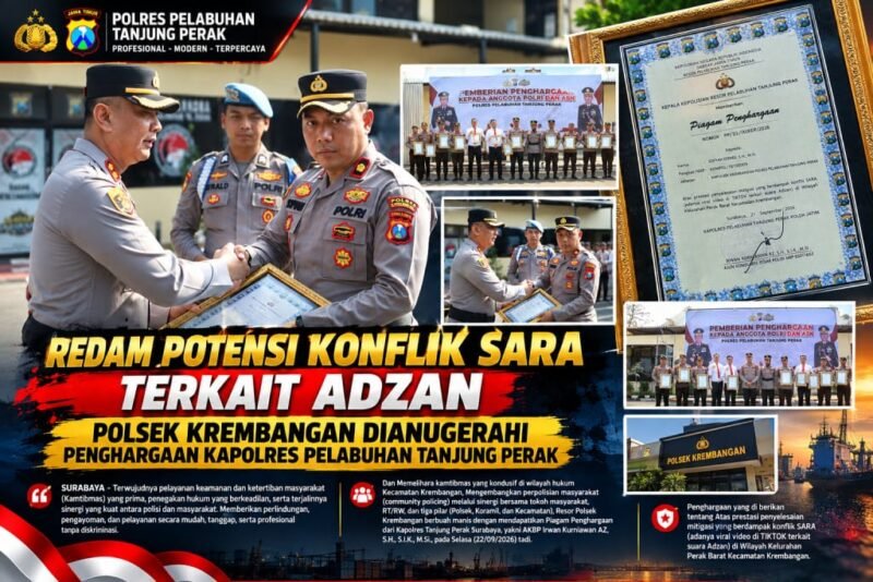 Kapolsek Krembangan Kompol Sofyan Efendi menerima piagam penghargaan dari Kapolres Pelabuhan Tanjung Perak AKBP Irwan Kurniawan AZ atas keberhasilan jajaran dalam melakukan mitigasi persoalan yang berpotensi memicu konflik SARA di wilayah Perak Barat, Surabaya.