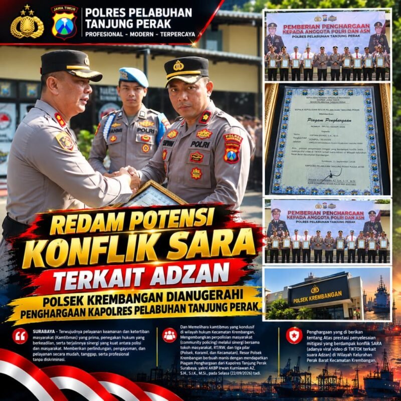 Kapolsek Krembangan Kompol Sofyan Efendi menerima piagam penghargaan dari Kapolres Pelabuhan Tanjung Perak AKBP Irwan Kurniawan AZ atas keberhasilan jajaran dalam melakukan mitigasi persoalan yang berpotensi memicu konflik SARA di wilayah Perak Barat, Surabaya.
