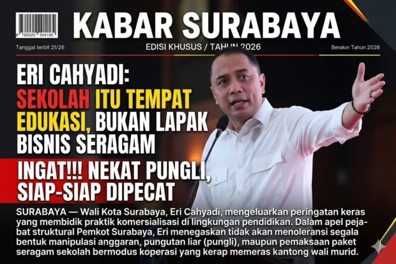 foto: Wali Kota Surabaya Eri Cahyadi menegaskan komitmen Pemkot Surabaya untuk mencegah praktik pungutan liar dan komersialisasi di lingkungan sekolah negeri.