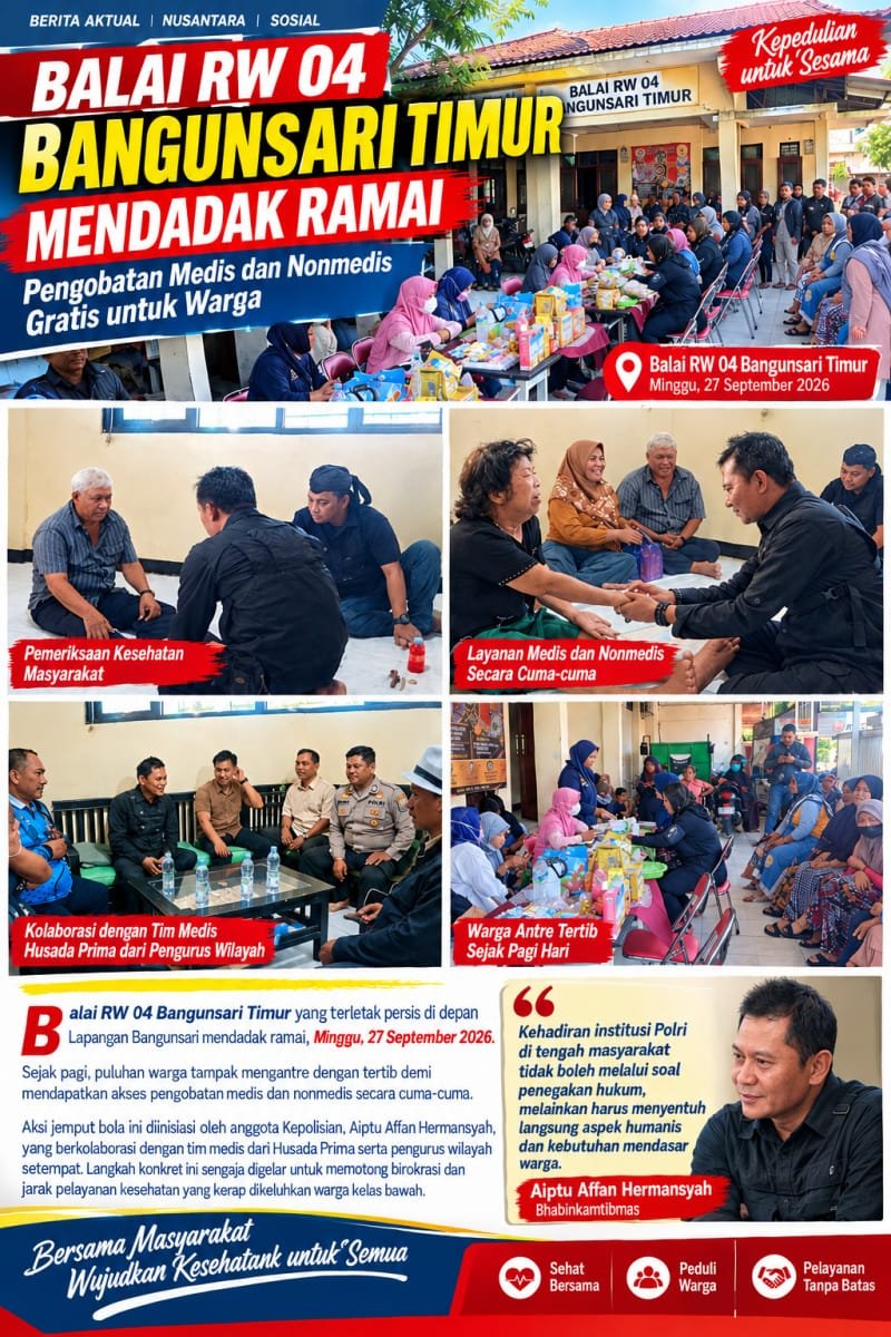 Polisi bersama tenaga medis Husada Prima memberikan pelayanan kesehatan gratis kepada warga di Balai RW 04 Bangunsari Timur, Surabaya, Minggu (27/9/2026).