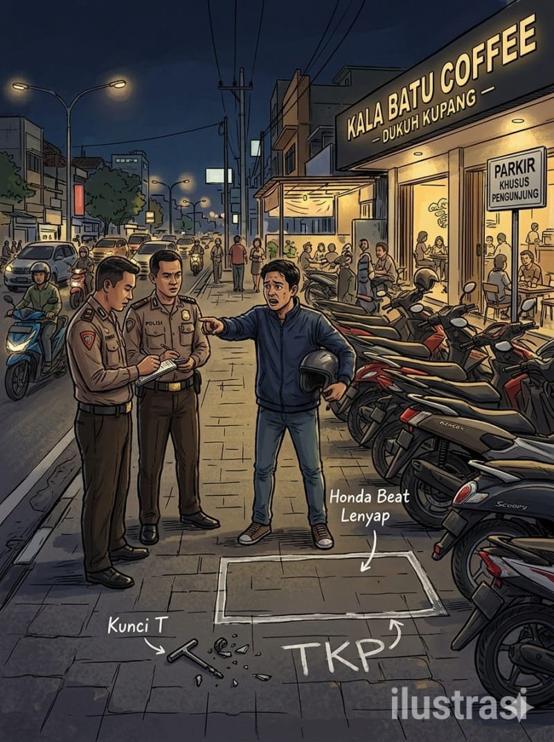 Rekaman CCTV memperlihatkan diduga dua pelaku saat membawa kabur Honda Beat milik pengunjung Kala Batu Coffee di Dukuh Kupang, Surabaya.