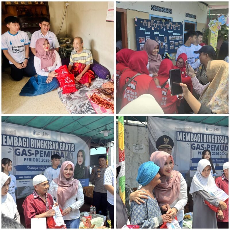 Anggota DPD RI Lia Istifhama bersama pemuda dan warga saat kegiatan bakti sosial pembagian 200 paket sembako serta paket perawatan gigi di Kutisari, Surabaya, Sabtu (19/9/2026).