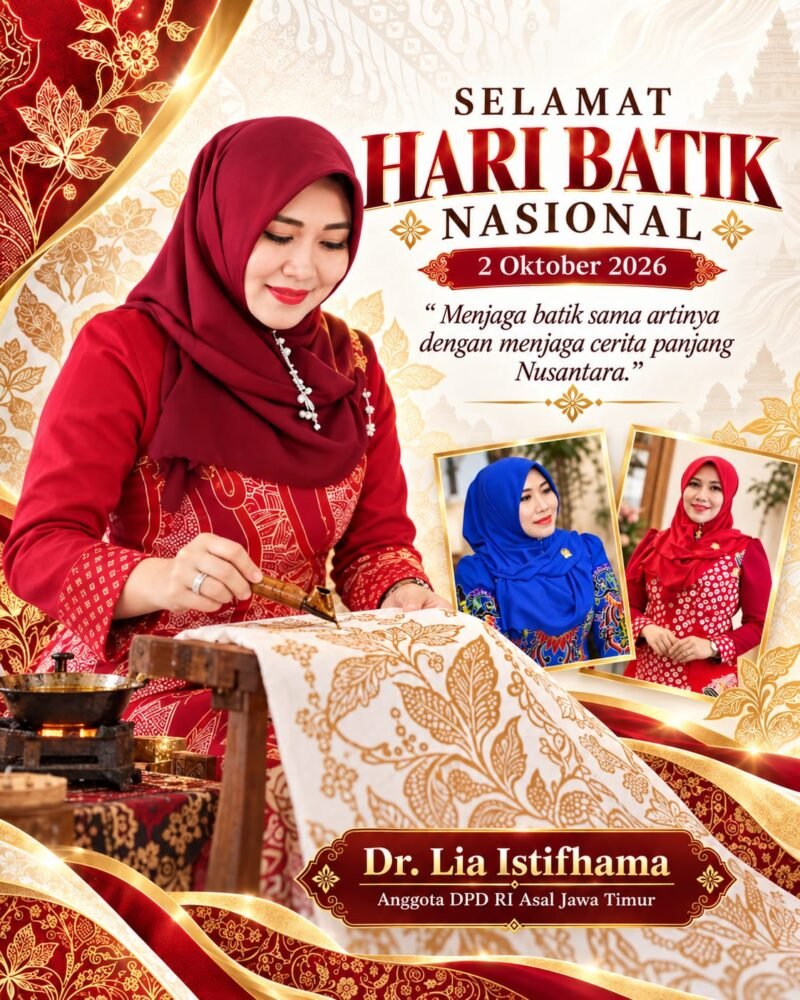 Senator DPD RI asal Jawa Timur Dr. Lia Istifhama atau Ning Lia mengenakan busana batik dalam salah satu agenda publik sebagai bentuk kecintaan terhadap warisan budaya Nusantara.