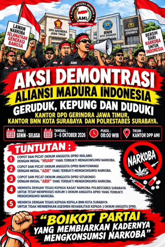 Aliansi Madura Indonesia (AMI) menyatakan akan menggelar aksi demonstrasi pada 5–6 Oktober 2026 untuk mendesak transparansi penanganan dugaan perkara narkotika yang disebut melibatkan tiga anggota DPRD di Jawa Timur.