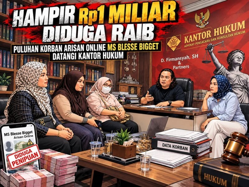 Puluhan peserta yang mengaku mengalami kerugian dalam persoalan arisan online MS Blesse Bigget mendatangi Kantor Hukum D. Firmansyah & Partner, Surabaya, untuk menyerahkan bukti transaksi dan meminta pendampingan hukum.