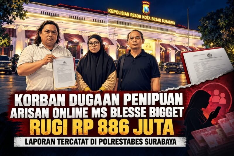 Foto: Iswatul Mufidah bersama kuasa hukumnya saat melaporkan dugaan penipuan bisnis arisan online MS Blesse Bigget ke Polrestabes Surabaya, Sabtu (17/10/2026). Korban mengaku mengalami kerugian Rp 886,6 juta.