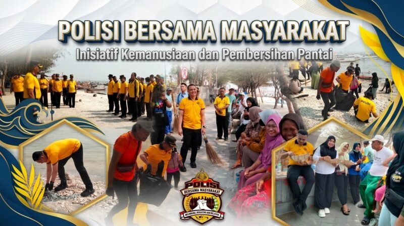 Kapolres Pelabuhan Tanjung Perak bersama personel Polri dan warga melaksanakan aksi bersih-bersih Pantai Batu-Batu Cumpat, Surabaya, dalam kegiatan Green Policing.