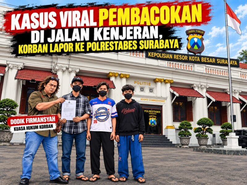 Korban pembacokan berinisial MAS, 17 tahun, didampingi advokat Dodik Firmansyah saat melaporkan dugaan pembacokan di Jalan Kenjeran ke SPKT Polrestabes Surabaya, Minggu (25/10/2026).