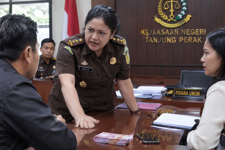 suasana tegang dalam pembahasan perdamaian di kantor kejaksaan, terkait informasi dugaan Jaksa Hajita menggebrak meja dan uang damai Rp50 juta yang dikaitkan dengan Louis dan Natalia.
